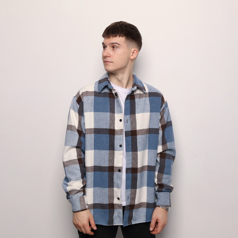 Рубашка в клетку Сине-черная. Мужская рубашка Pobedov Tartan в клетку Сине-черная