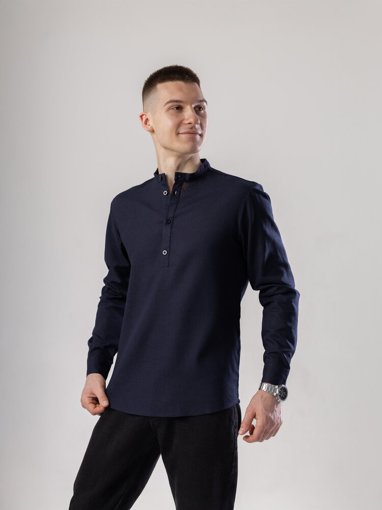 Рубашка из льна мужская синяя однотонная синяя. Рубашка casual на пуговицах синяя Pobedov Exlnt