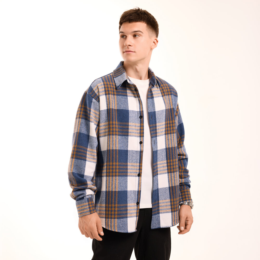 Тепла чоловіча сорочка в клітинку Pobedov Tartan. Сорочка осіння синя