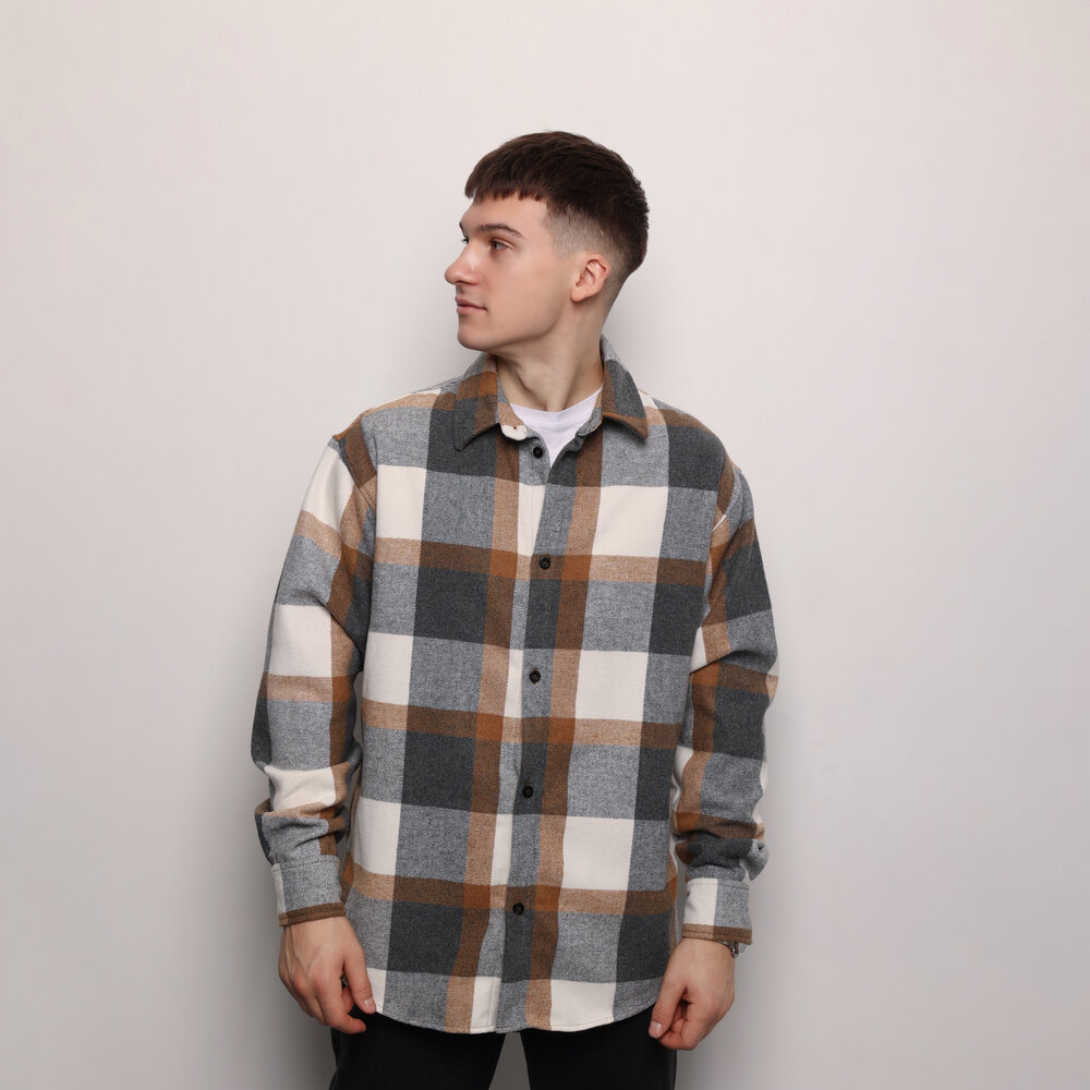 Рубашка в клетку серо-коричневая. Мужская рубашка Pobedov Tartan в клетку серо-коричневая