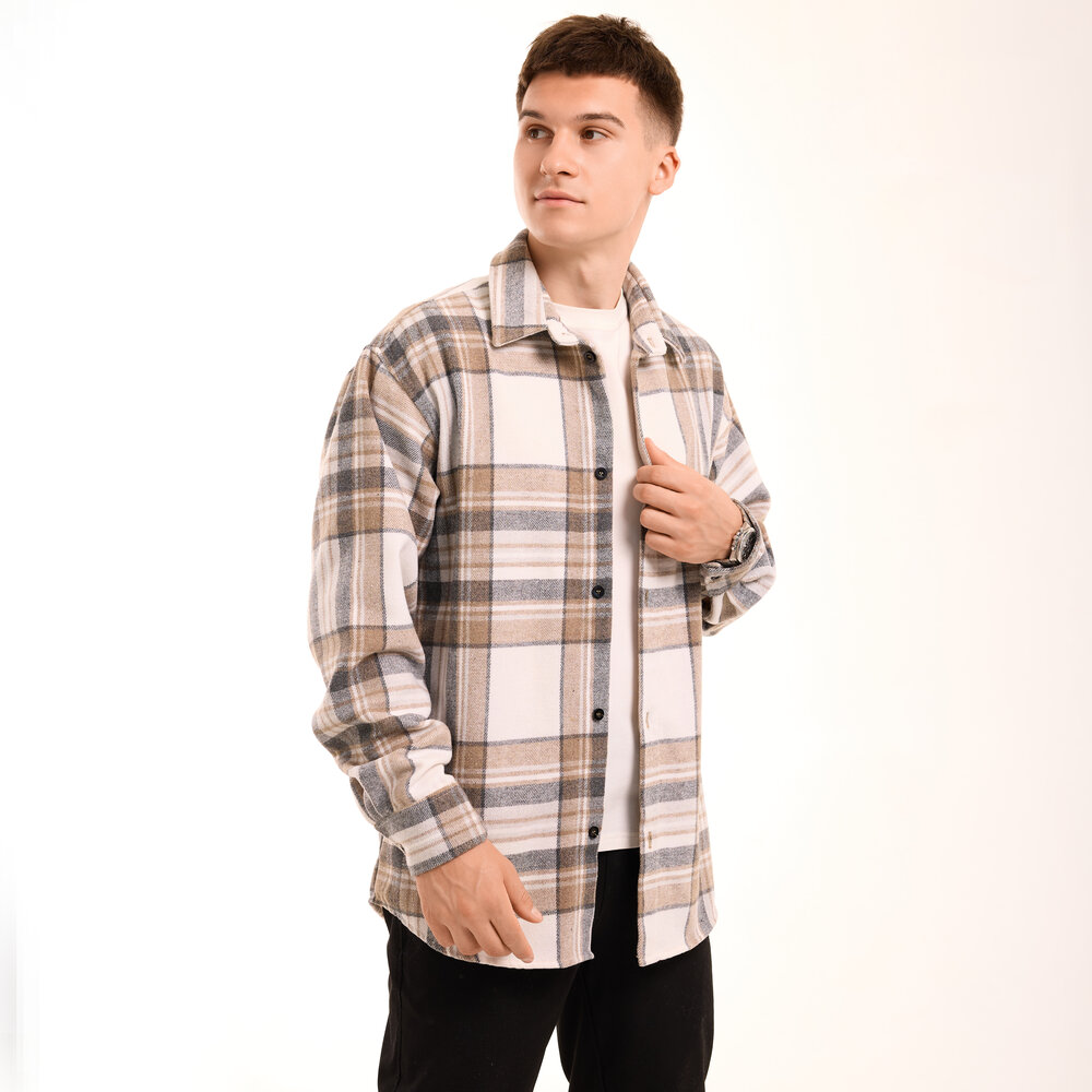 Рубашка в клетку бежевая. Мужская рубашка Pobedov Tartan в клетку бежевая