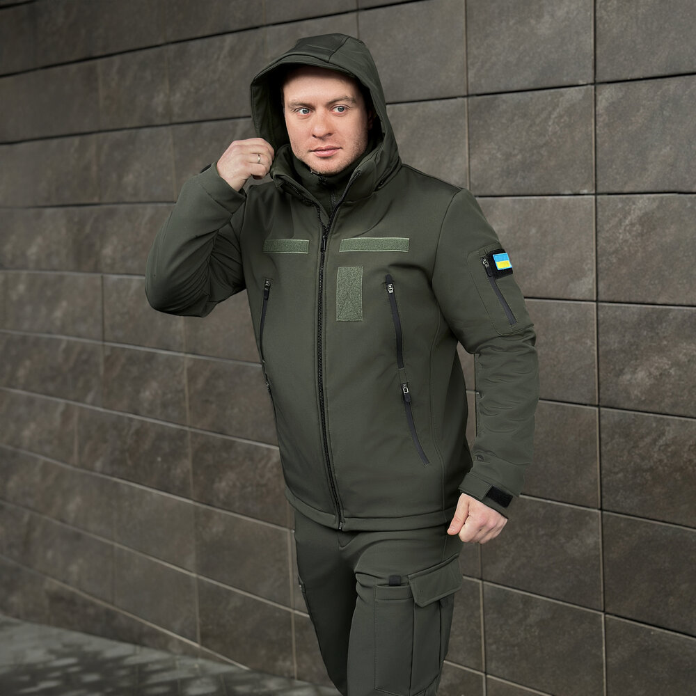 Мужская хаки куртка софтшелл демисезонная Pobedov Motive с липучками, фото 4