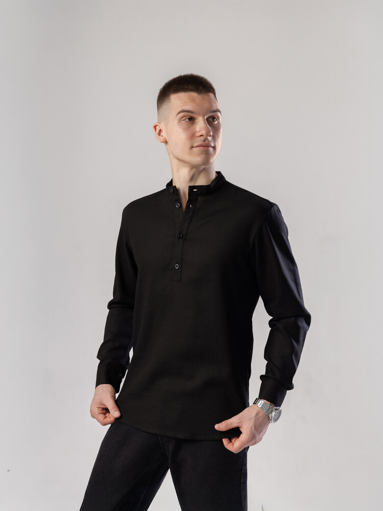 Черная мужская рубашка изо льна casual. Рубашка свободного кроя легкая черная Pobedov Exlnt
