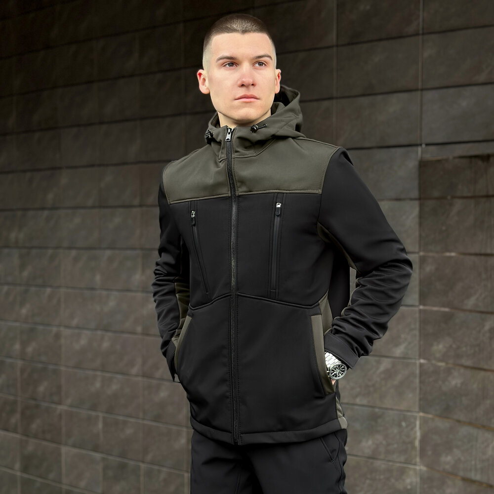 Софтшелл куртка чоловіча XL чорний з хакі Pobedov Setup, фото 2