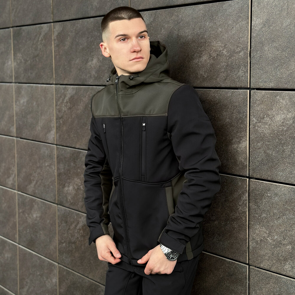 Софтшелл куртка чоловіча XL чорний з хакі Pobedov Setup, фото 3